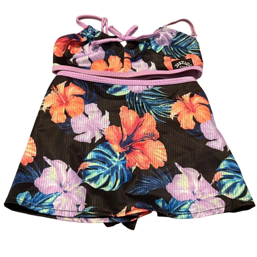 Justice 3-Piece Swimsuit Kids XS 5/6 Black Floral Good Ribbed Tropical Set